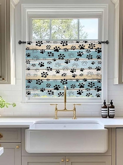 Sheer Curtains 45 Inch Length, Blue Beige Paw Print Semi Sheer Curtains Light Filtering Window Treatment, Vintage Farmhouse Country Wood Grain Privacy Voile Drapes for Living Room Bedroom 52x45 Inch