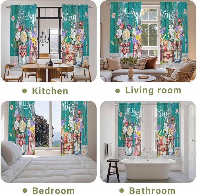 Spring Flowers Kitchen Curtains, Farmhouse Watercolor Teal Wood Grain Light Filtering Window Curtain Panels, 2Pcs Rod Pocket Window Treatments Set for Living Room Bathroom Bedroom 52x72 Inches