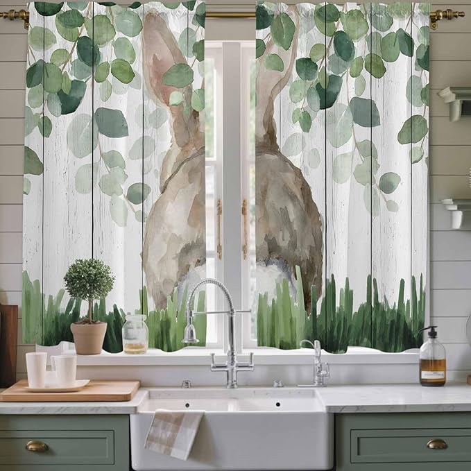 Easter Kitchen Curtains, Country Rabbit Botanical Leaves Wooden Grain Light Filtering Window Curtain Panels, 2Pcs Rod Pocket Window Treatments Set for Living Room Bathroom Bedroom 42x63 Inches