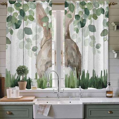 Easter Kitchen Curtains, Country Rabbit Botanical Leaves Wooden Grain Light Filtering Window Curtain Panels, 2Pcs Rod Pocket Window Treatments Set for Living Room Bathroom Bedroom 42x63 Inches