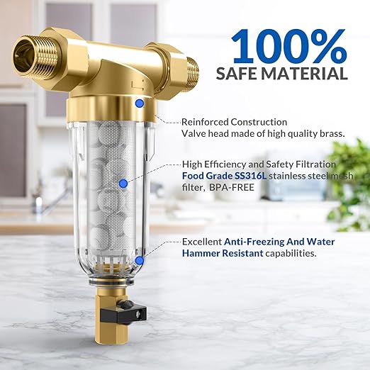 SimPure 100/500 Micron Spin Down Sediment Filter, Reusable Whole House Sediment Water Filter, Pre-Filtration System for City/Well water, 1" MNPT + 3/4" FNPT + 3/4"MNPT, BPA Free