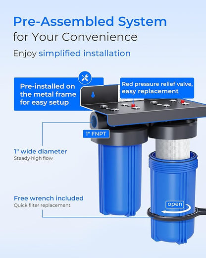 Waterdrop 2 Stage Whole House Water Filter System, with Carbon and Sediment Filter, Highly Reduce Lead, PFAS and Heavy Metals, Taste, 5-Stage Filtration, WD-WHF21-PBL, 1" Inlet/Outlet