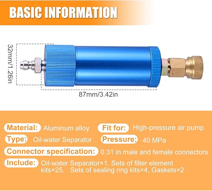 High Pressure PCP Air Filter Oil-Water Separator, 40MPa/5800Psi Inline Moisture Separator with 8mm Quick Connect, Complete Kit with 25 Filters, Sealing Rings & Gaskets for Air Compressor Pump (Blue)