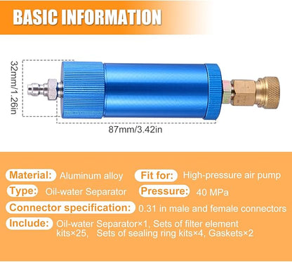 High Pressure PCP Air Filter Oil-Water Separator, 40MPa/5800Psi Inline Moisture Separator with 8mm Quick Connect, Complete Kit with 25 Filters, Sealing Rings & Gaskets for Air Compressor Pump (Blue)