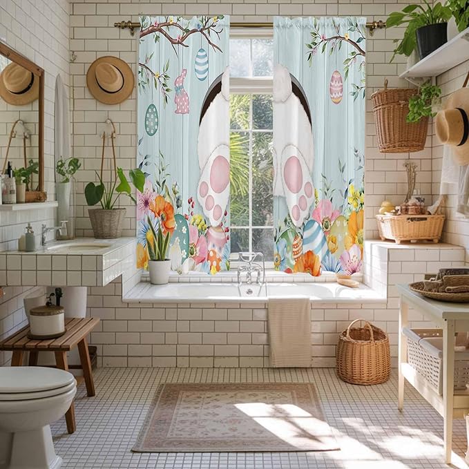 Easter Bunny Window Curtains 63 Inch Long 2 Panel Set,Rod Pocket Bedroom Curtains & Drapes,Easter Eggs Spring Farmhouse Wood Grain Teal Blue Light Filtering Window Treatment 42"W x 63"L