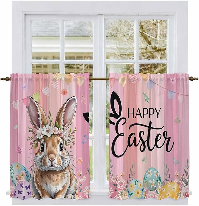 Easter Tier Curtains, Spring Rabbit Eggs Flowers Flags Leaves Wood Grain Light Filtering Kitchen Curtains, 2Pcs Rod Pocket Half Window Treatments Panels for Sink Cafe Cabinet Basement 27.5x45 Inches