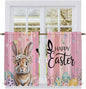 Easter Kitchen Curtains, Spring Rabbit Eggs Flowers Flags Leaves Wood Grain Light Filtering Window Curtain Panels, 2Pcs Rod Pocket Window Treatments Set for RV Dining Room Study Room 42x54 Inches
