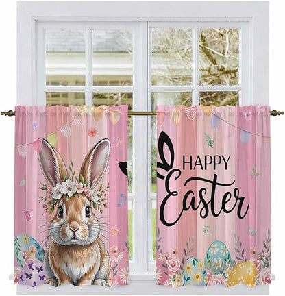 Easter Kitchen Curtains, Spring Rabbit Eggs Flowers Flags Leaves Wood Grain Light Filtering Window Curtain Panels, 2Pcs Rod Pocket Window Treatments Set for Study Room Bathroom Bedroom 52x54 Inches