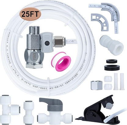 Refrigerator Water Line Kit Connection and 1/4 Compression Ice Maker Installation Kit,1/4" OD Tubing with Quick Connect for Fridge IceMaker RO Systems Water Filters Faucet,+Feed Water Adapter 25ft