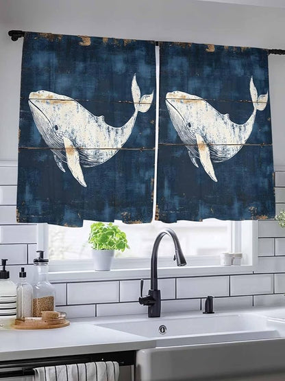 Sheer Curtains 45 Inch Length, Ocean Whale Blue Semi Sheer Curtains Light Filtering Window Treatment, Coastal Vintage Wooden Grain Privacy Voile Drapes for Living Room Bedroom 52x45 Inch