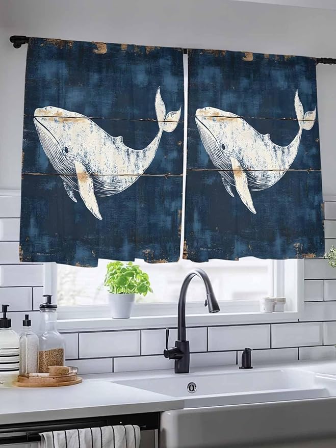 Sheer Curtains 54 Inch Length, Ocean Whale Blue Semi Sheer Curtains Light Filtering Window Treatment, Coastal Vintage Wooden Grain Privacy Voile Drapes for Living Room Bedroom 52x54 Inch