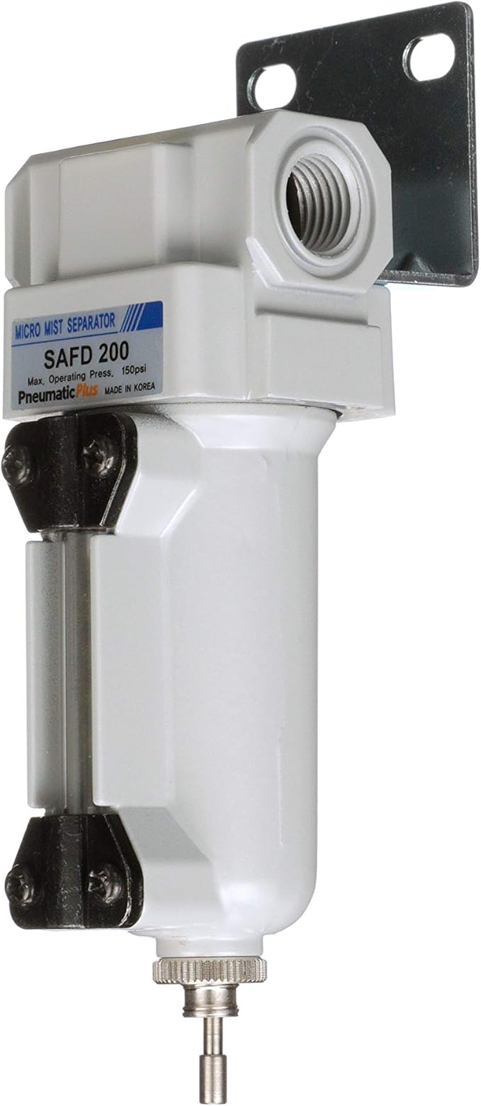 PneumaticPlus SAFD200-N02B-MEP Miniature Compressed Air Coalescing Filter, 0.01 Micron 1/4" NPT - Metal Bowl, Manual Drain, Bracket