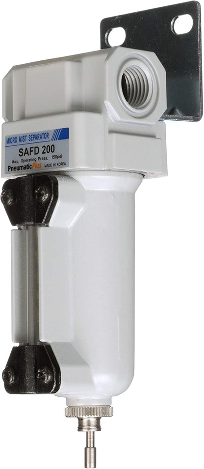 PneumaticPlus SAFD200-N02B-MEP Miniature Compressed Air Coalescing Filter, 0.01 Micron 1/4" NPT - Metal Bowl, Manual Drain, Bracket