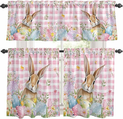 Kitchen Curtains Tiers and Valance Set of 3, Easter Light Filtering Window Curtain Set, Spring Rabbit Eggs Nature Botanicals Pink Plaid Rod Pocket Curtain Drapes for Cafe, Living Room, 24 Inches Tiers