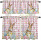Kitchen Curtains Tiers and Valance Set of 3, Easter Light Filtering Window Curtain Set, Spring Rabbit Eggs Nature Botanicals Pink Plaid Rod Pocket Curtain Drapes for Cafe, Living Room, 24 Inches Tiers