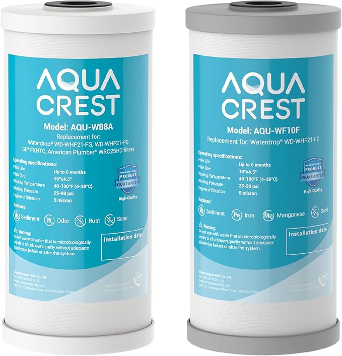 AQUA CREST 10"x 4.5" Whole House Carbon Water Filter, Iron & Manganese Reducing Cartridge for Well Water, Replacement for GE GXWH40L, FXHTC, Ispring, Culligan® RFC-BBSA, Whirlpool®, 5 Micron