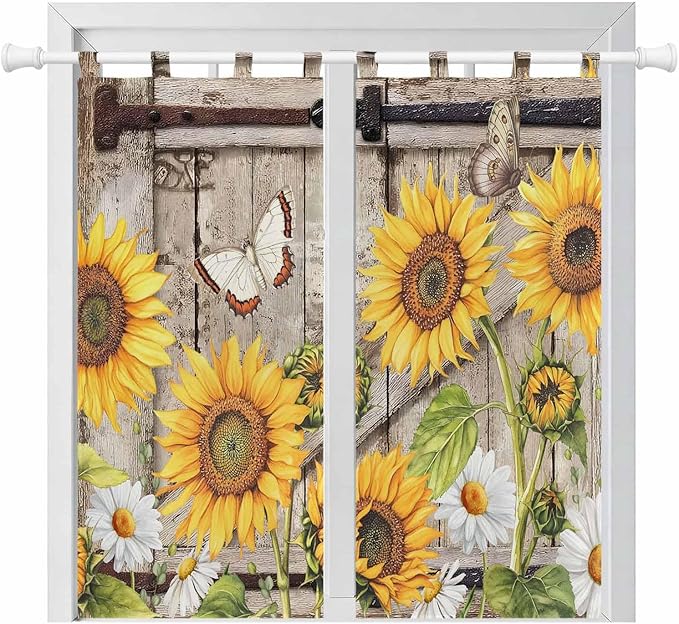 Farmhouse Sunflowers Bathroom Curtains 63 Inch Length, Window Curtains Tab Top, Rustic Barn Doors Flowers Butterfly Wooden Light Filtering Window Treatments Drapes 52"x63" 2 Panel