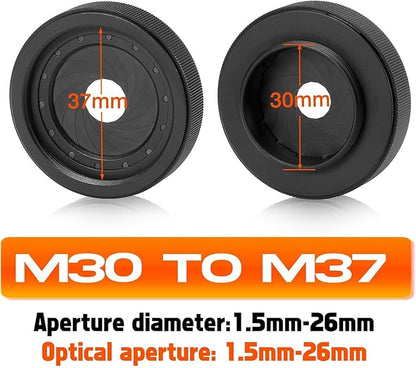 Adjustable Iris Aperture Diaphragm M30 to M37 Iris Aperture Diaphragm Adapter Optical Diaphragm 1.5-26mm Lens Module Adapter Ring PVS-14 PSV14 Optics (Protective Cover Cleaning Cloth Set)