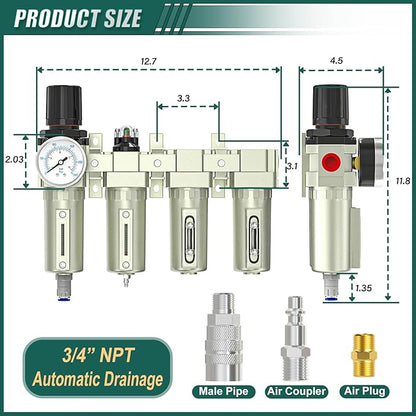 Industrial Grade 4-Stage Air Drying System, 3/4" NPT with Auto Drain, Desiccant Dryer, air Regulator, Particulate Filter and Coalescing Filter for Paint Spray, Plasma Cutter