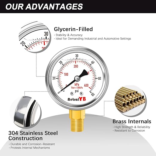 0-60 Psi Glycerin-Filled Pressure Gauge, 2-Inch Gauge, Stainless Steel, 1/4" NPT Lower Mount,400kPa Pressure Gauge for Pool Pump, Sand Filter, Air Compressor, and Well Water Systems