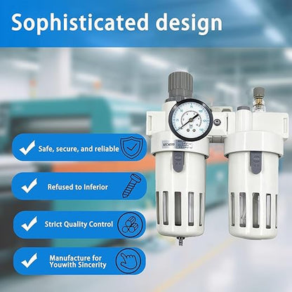 XingNEeng 1/2" NPT Compressed Air Filter Regulator Lubricator (FRL) Combo, Water/Oil Trap Separator, Air Pressure Regulator with Pressure Gauge(0-150 psi), Semi-Auto Drain, Poly Bowl, Metal Bracket