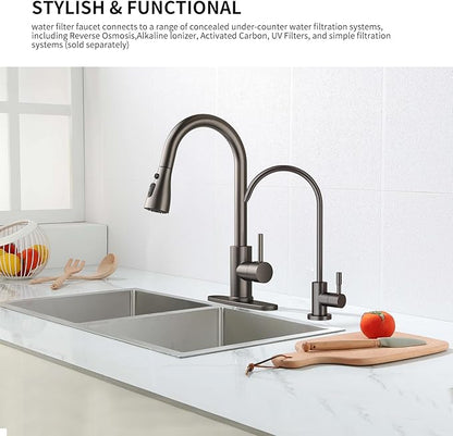 Kitchen Sink Faucet with Pull - Down Sprayer, 2 - Handle 3 - in - 1 Kitchen Sink Filter Faucet, Cold and Hot Mixer Drinking Water Faucet (Filter Faucet, Grey)