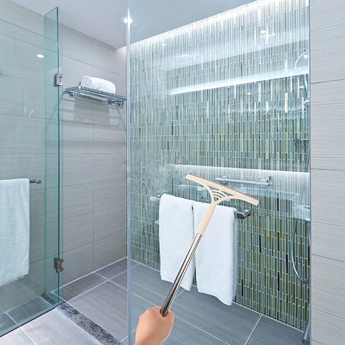Angoily Multi-Functional Window Washer and Glass Squeegee with Khaki Handle, Wet and Dry Use Scrubber for Shower, Tile, and Floor Cleaning, Household Window Cleaning Tool