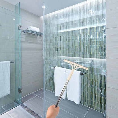 Angoily Multi-Functional Window Washer and Glass Squeegee with Khaki Handle, Wet and Dry Use Scrubber for Shower, Tile, and Floor Cleaning, Household Window Cleaning Tool
