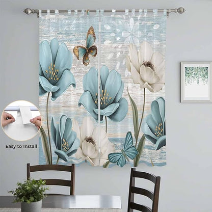 Spring Floral Living Room Curtains 84 Inch Length, Window Curtains Tab Top, Vintage Tulips Flower Butterfly Retro Wood Blue Light Filtering Window Treatments Drapes 52"x84" 2 Panel