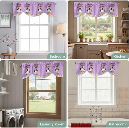 Purple Easter Tie Up Valance Curtains for Windows, Kitchen Curtains Window Shades, Spring Cartoon Bunny Colorful Eggs Wood Grain Light Filtering Curtain Valances for Bedroom/Bathroom/Cafe 54"x18"