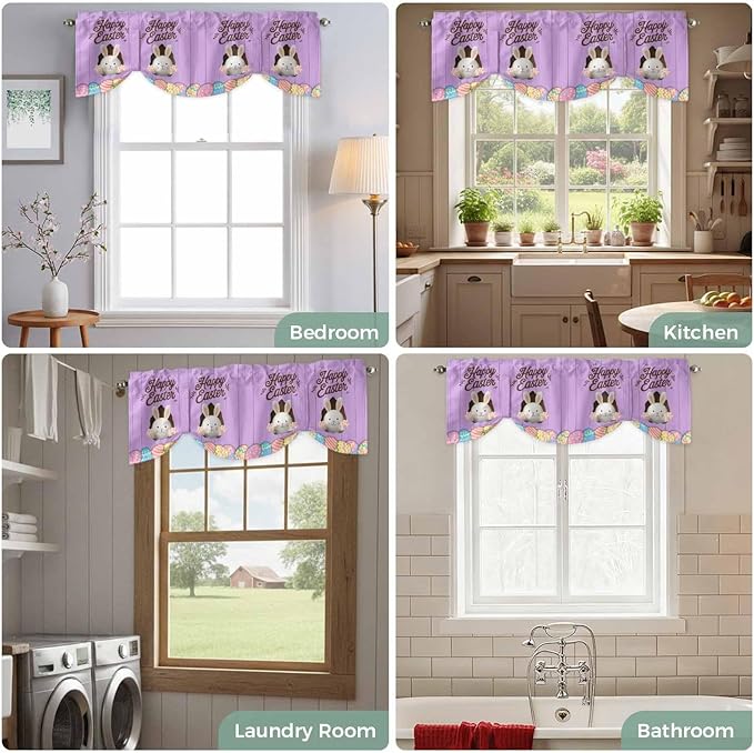 Purple Easter Tie Up Valance Curtains for Windows, Kitchen Curtains Window Shades, Spring Cartoon Bunny Colorful Eggs Wood Grain Light Filtering Curtain Valances for Bedroom/Bathroom/Cafe 42"x12"