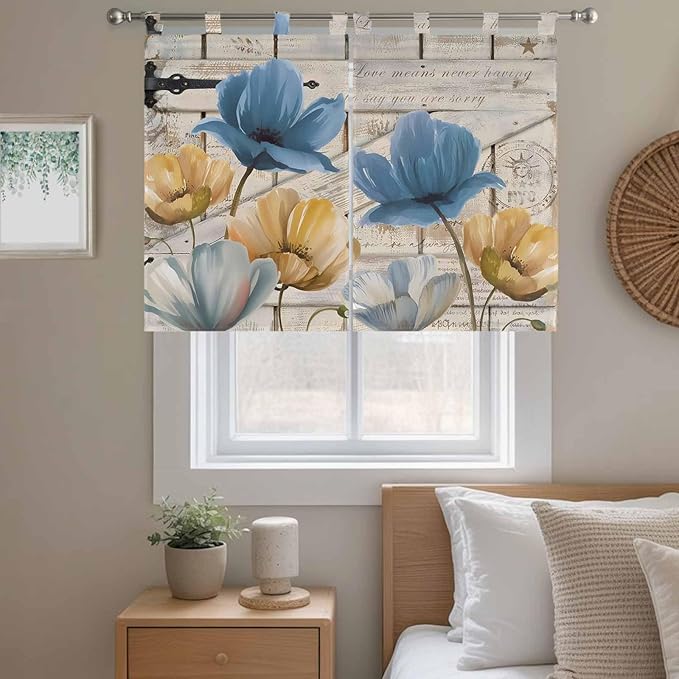 Blue Yellow Tulips Bedroom Curtains 63 Inch Length, Window Curtains Tab Top, Retro Farmhouse Flower Barn Doors Wooden Light Filtering Window Treatments Drapes 42"x63" 2 Panel