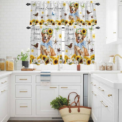 Kitchen Curtains Tiers and Valance Set of 3, Sunflowers Dog Light Filtering Window Curtain Set, Spring Watercolor Floral Stars Wood Grain Rod Pocket Curtain Drapes for Living Room, 36 Inches Tiers