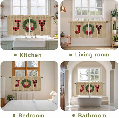 Red Green Christmas Kitchen Tier Curtains 24 Inch Long 2 Panel Set,Rod Pocket Cafe Small Window Curtains Over Sink,Xmas Botanical Winter Farmhouse Short Drapes for Bathroom Cabinet 27.5"W x 24"L