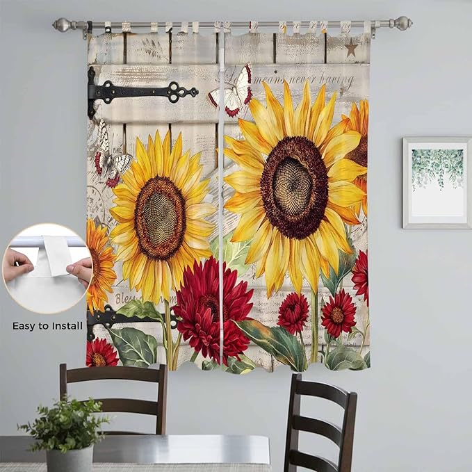 Red Yellow Sunflowers Living Room Curtains 96 Inch Length, Window Curtains Tab Top, Retro Rustic Barn Doors Butterfly Brown Light Filtering Window Treatments Drapes 52"x96" 2 Panel