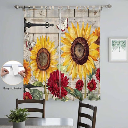 Red Yellow Sunflowers Living Room Curtains 96 Inch Length, Window Curtains Tab Top, Retro Rustic Barn Doors Butterfly Brown Light Filtering Window Treatments Drapes 52"x96" 2 Panel