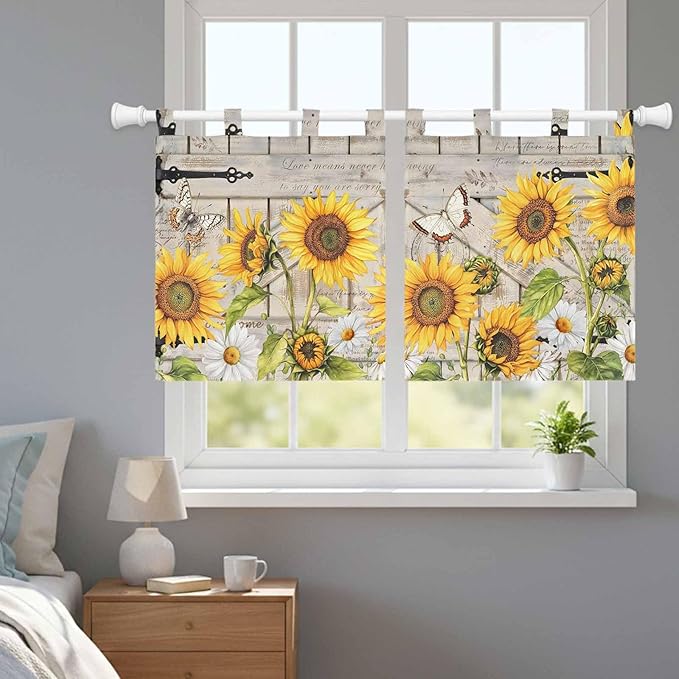 Farm Flowers Kitchen Curtains 36 Inch Length, Small Window Curtains Tab Top, Retro Sunflowers Barn Doors Butterfly Wood Board Light Filtering Short Window Treatments Tier Drapes 27.5"x36" 2 Panel