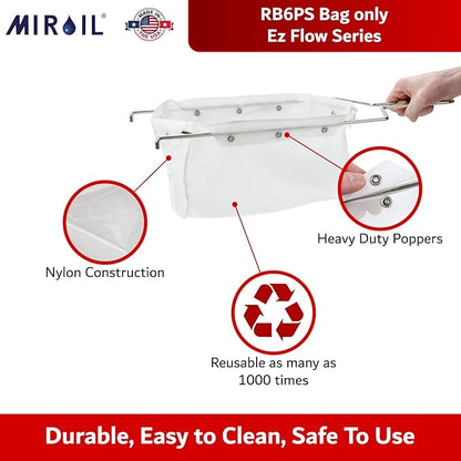 MirOil RB6PS EZ Flow Deep Fryer Oil Filter Bag – Reusable Grease Strainer to Extend Oil Life & Maintain Food Quality – Handles Hot or Cold Liquid – Deep Fryer Filter for Cooking (No Frame Included)