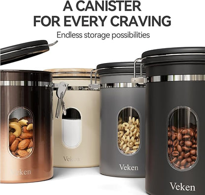 Veken Coffee Canister with Window,Airtight Stainless Steel Pantry Container,Home Kitchen Food Storage Organizers for Ground,Beans,Espresso,Rice,Tea,Sugar,Cereal, Decor,Bar Accessories,Gifts,22OZ,Black