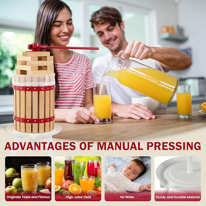 CAELUM Fruit Wine Press, 4.75 Gallon Wood Fruit and Cider Press Squeezer With T-Handle, Juice Maker, Wine Making Press Squeezer for Outdoor, Kitchen（Red）