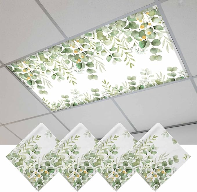 Fluorescent Light Covers for Ceiling Lights Sage Green Eucalyptus Leaves Magnetic Light Filters 4 Pack 4x2 ft Nature Leaf Plant Ceiling Lights Cover for Classroom Office School Home Drop Lamp Decor