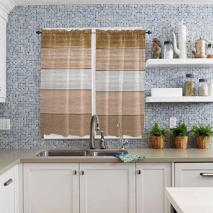 Retro Farm Wood Board Window Valance Curtains, Brown Graduality Striped Light Filtering Kitchen Valance with 3-inch Rod Pocket for Living Room Bathroom Bedroom,2 Panel,42x63In