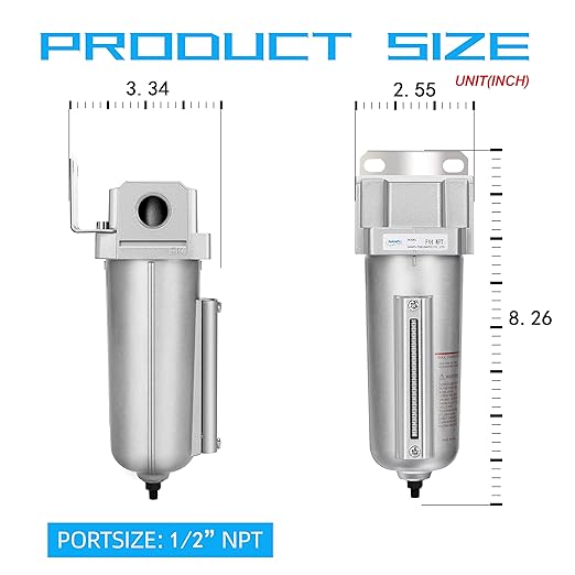 NANPU Industrial Grade Heavy Duty Particulate Filter, Metal Bowl, Suitable for Paint Spray (1/2" NPT, Auto Drain)