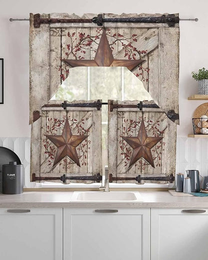 Country Star Swag Kitchen Curtains Valance and Tier Set, VintageRust Yellow Star Berry Beige Barn Gate Light-Filtering Swag Valance 36 Inch Length, Rod Pocket Short Curtain for Bedroom Cafe