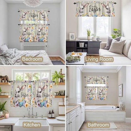 Easter Grey Bunny Kitchen Curtains Set 3 Piece for Windows,Rod Pocket Valance and Tier Set 24 Inch Length,Spring Colorful Eggs Flower Wooden Grain Light Filtering Cafe Curtains for Living Room
