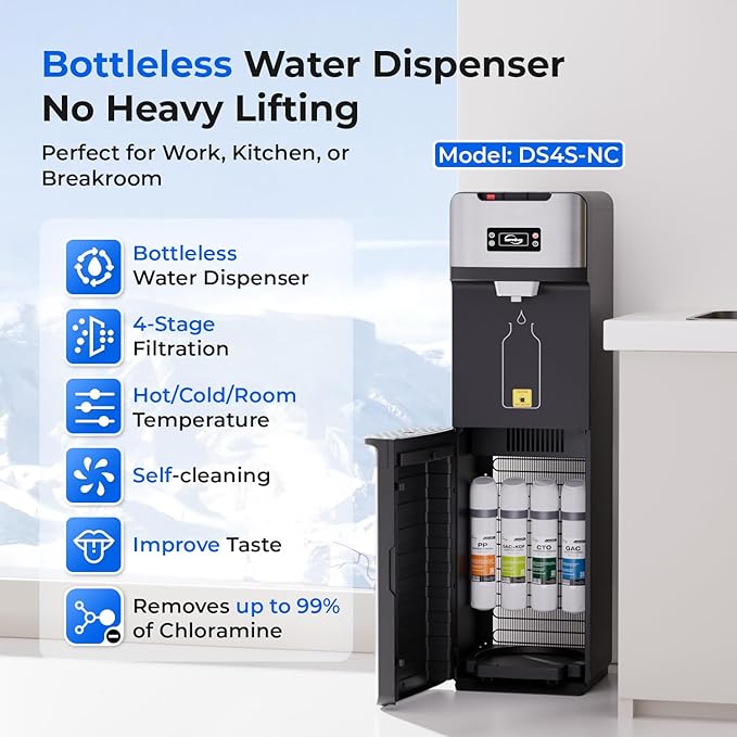 iSpring Bottleless Water Dispenser with Built-in 4-Stage Filtration, Chloramine Removal, Water Cooler Dispenser - Hot, Cold, Room Temp, Self Cleaning, Stainless Steel, Silver, Model: DS4S-NC