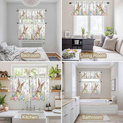 Kitchen Curtains Tiers and Valance Set of 3, Easter Light Filtering Window Curtain Set, Spring Rabbit Colorful Eggs Budding Florals Leaf Rod Pocket Curtain Drapes for Living Room, 24 Inches Tiers