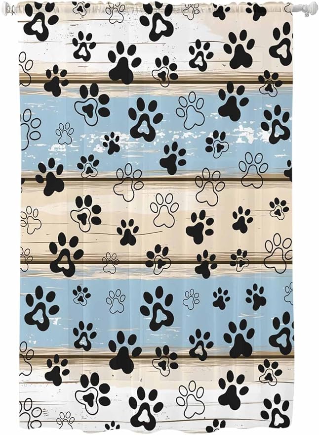 Sheer Curtains 63 Inch Length, Blue Beige Paw Print Semi Sheer Curtains Light Filtering Window Treatment, Vintage Farmhouse Rustic Wooden Grain Privacy Voile Drapes for Living Room Bedroom 52x63 Inch