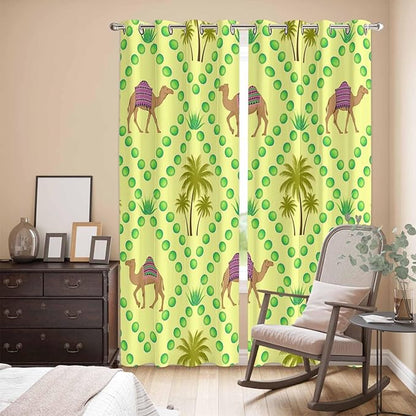 2 Panel Kitchen Cafe Curtains, Desert Sand Camels Sunlight Filtering Nature Air Through, Window Decor Tier Curtains for Living Room 104W x 90L inch Palm Trees Tropical Plants Polka Dot Yellow
