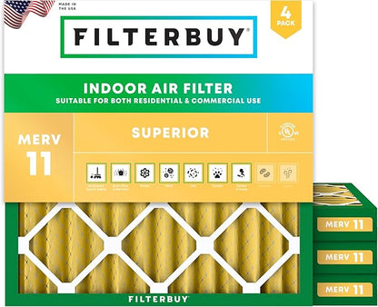 Filterbuy 25x25x2 Air Filter MERV 11 Superior Pet & Allergy Defense (4-Pack), Electrostatic Pleated HVAC AC Furnace Filters Replacement, Made in USA (Actual Size: 24.50 x 24.50 x 1.75)